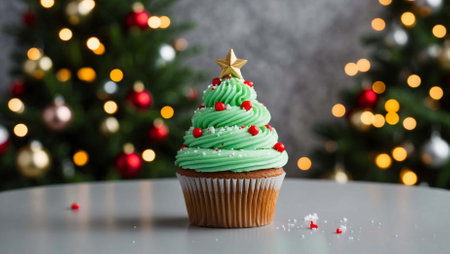 Christmas cupcake with green frosting and christmas tree on backgroundの素材