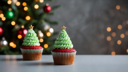 Christmas cupcakes with christmas tree on bokeh background.の素材