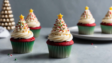 Christmas cupcakes decorated with candy canes on grey table, closeupの素材