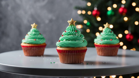 Tasty cupcakes with Christmas decor on table against blurred lights, closeupの素材