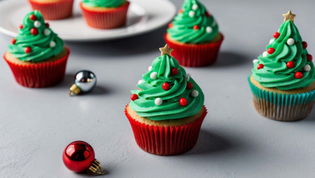 Christmas cupcakes decorated with green frosting and baubles.の素材