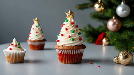 Christmas cupcakes decorated with colorful sprinkles on a gray background.の素材