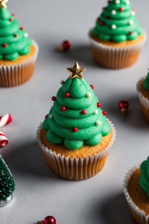 Christmas cupcakes decorated with green frosting and Christmas tree on a gray backgroundの素材