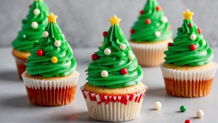 Christmas cupcakes with green frosting and decorations on grey background.の素材