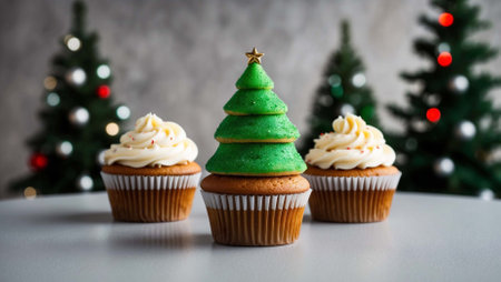 Christmas cupcakes decorated with green frosting and christmas tree on backgroundの素材