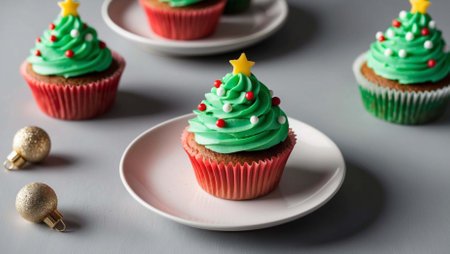 Christmas cupcakes decorated with green frosting on a white plate.の素材
