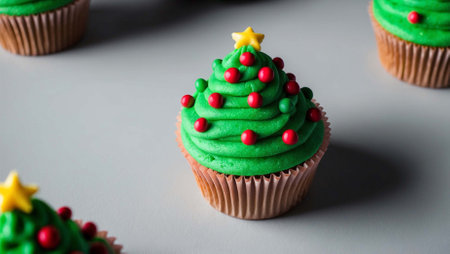 Christmas cupcakes decorated with green frosting and red sprinkles.の素材