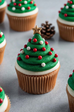 Christmas cupcakes with green frosting and christmas tree on grey backgroundの素材