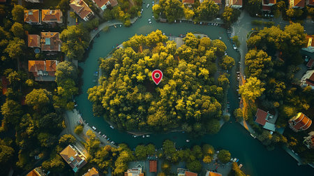 Aerial view of a small island in the middle of a green forestの素材