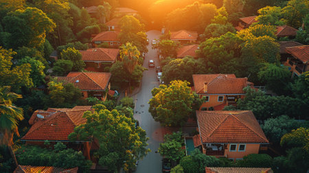 Top view of the roofs of the houses in the city at sunsetの素材