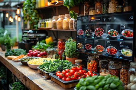 Fruits and vegetables on the counter of a grocery store. The concept of healthy eating.の素材
