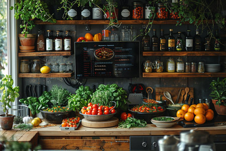 Vegetables and herbs in a rustic kitchen. Healthy eating conceptの素材
