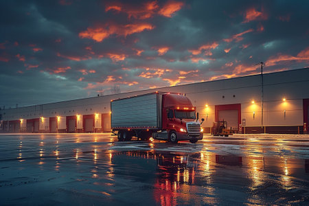 Truck on the parking lot at sunset. Cargo freight transportation.の素材