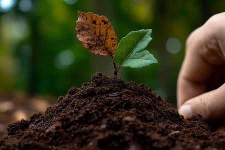 Human hand planting a small tree in the soil with bokeh backgroundの素材