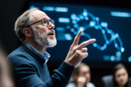 Portrait of a senior businessman with a beard and glasses in front of a group of people attending a seminarの素材