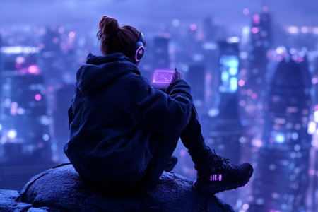 Young man sitting on a rock with a view of the night cityの素材