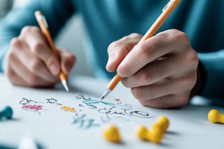 Close-up of male hands writing in notepad with pencilsの素材