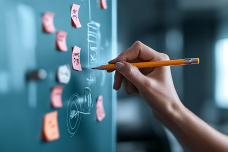 Female hand writing on sticky notes on board, closeup. Education conceptの素材
