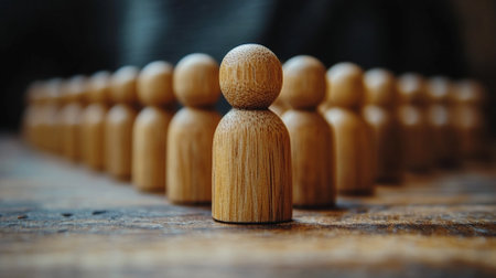 Wooden figures of people stand in a row on a wooden tableの素材