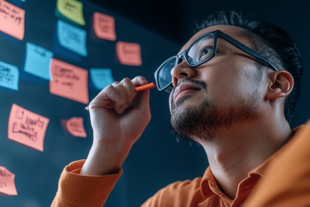 young asian man looking at sticky notes on glass wall in officeの素材