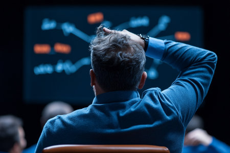 Rear view of businessman sitting in conference hall and looking at chart.の素材