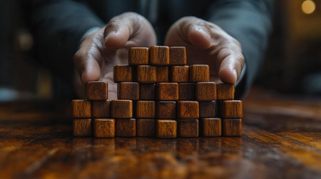 Businessman placing wooden blocks on top of each other, conceptual imageの素材