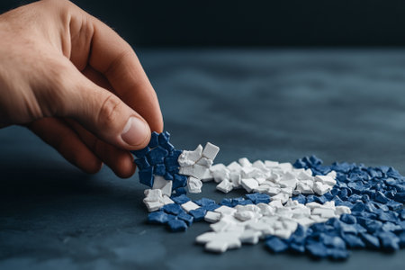 Close up of a male hand putting blue and white puzzle pieces.の素材