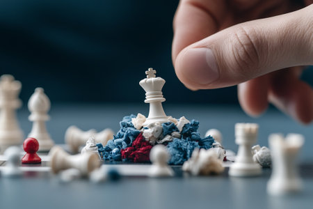 Close up hand of businessman playing chess game. Business strategy concept.の素材