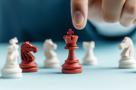 Hand of business woman playing chess game. Business strategy and leadership concept.の素材