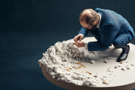 Conceptual image of a man building a tower of blocks.の素材