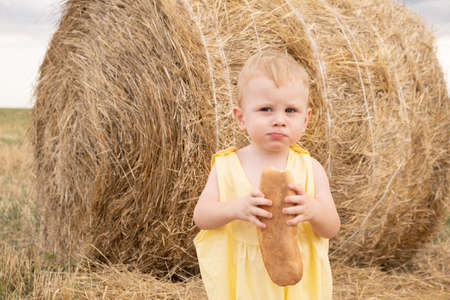 toddler boy blond stands in a field with a haystack eating a baguette.の写真素材