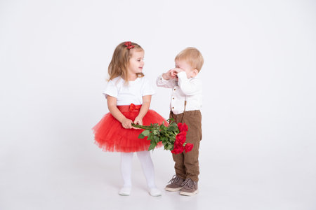 shy little boy giving bouquet of roses to toddler girl on valentines day on white background.の写真素材