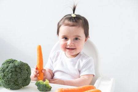 Baby girl sitting in baby chair eating carrot and broccoli on white backgroundの写真素材