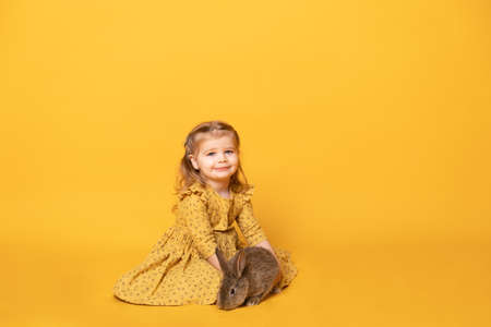 funny cute child girl in yellow dress with rabbit sitting on yellow background.の写真素材