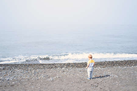 rear view of little blonde boy on beach.の写真素材