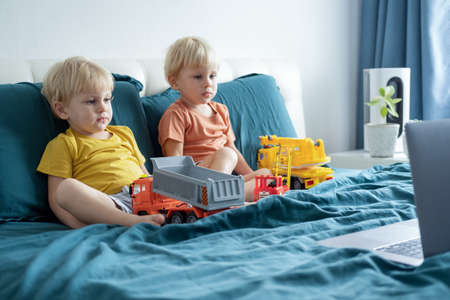 cute little caucasian kids boys twins using laptop in bed at home. Kids using technology.の写真素材