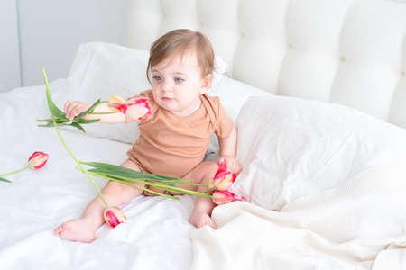 cute baby in brown cotton bodysuit sitting on bed with pink tulips. child celebrates spring holidays