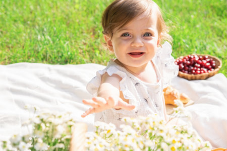 Cute little baby with flowers on picnic in the summer park, sunny day.の写真素材