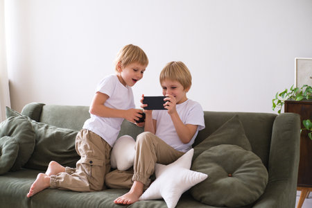 kids boys twins using smartphones on the couch in living roomの写真素材