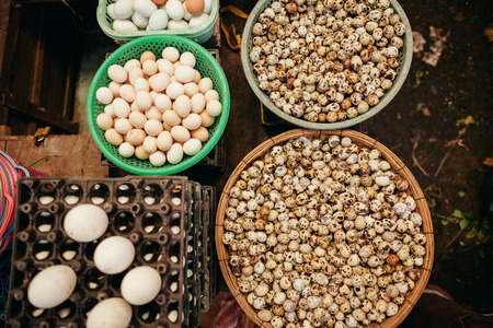 eggs assorted market with chicken eggs, quail eggs, goose's eggs top view