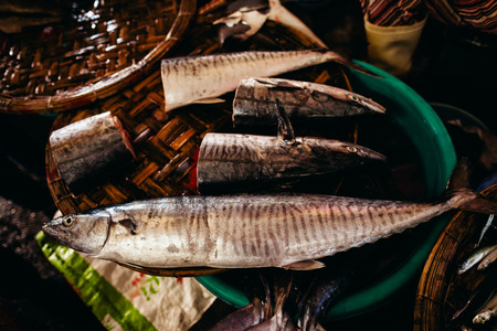 Raw fish assorted sliced and cut at street local market in Asia, Vietnamの写真素材