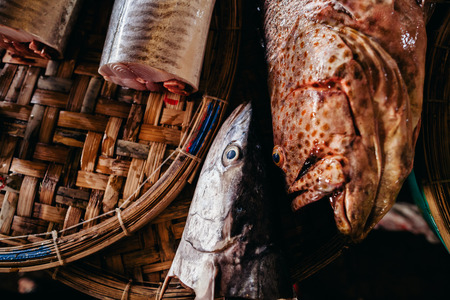 Raw fish assorted sliced and cut at street local market in Asia, Vietnamの写真素材