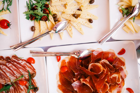 Buffet appetizers gourmet salami and prosciutto top view