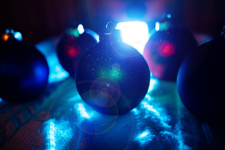 new year balls tree decoration with blue cold light  background