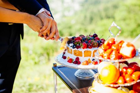 bride and groom cut wedding cake. Close up. Fine art wedding styleの写真素材