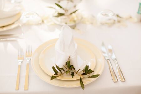 table coverage decoration with olive flowersの写真素材