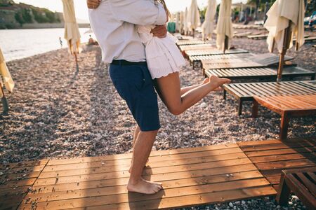 couple relax on beach together. Sea viewの写真素材