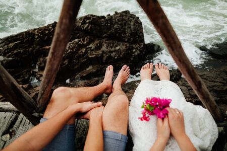 honeymoon couple relax on beach. Sea view and sandy beach in Asia, Vietnamの写真素材