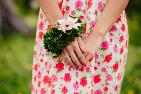 engagement ring and wedding ring on woman's hand. close upの写真素材