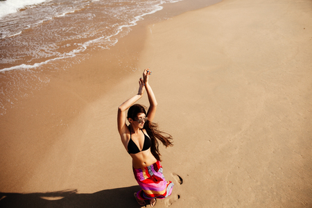 sexy long hair woman relax on beach. Top view.の写真素材